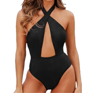 CUPSHE X STASSIE Black Front Cross Halter Self Tie Backless 1PC Swimsuit SKU0909